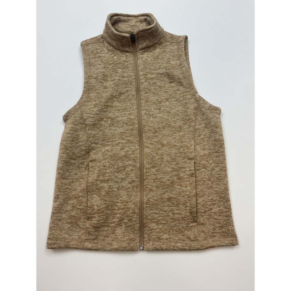 Lands' End Sweater Vest Women's M 10-12‎ Fleece Tan Oeko-Tex Full Zip Pockets